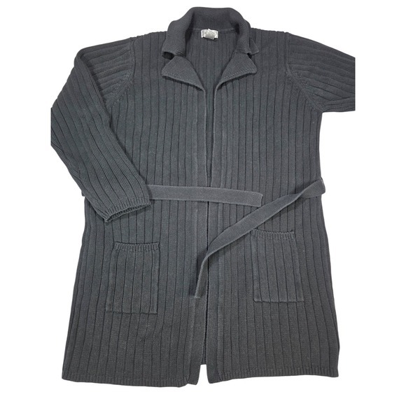 KIKIT Sweaters - Womens XL Belted Cardigan Black Cotton Chunky Warm Kikit Vintage‎ Cozy Pockets